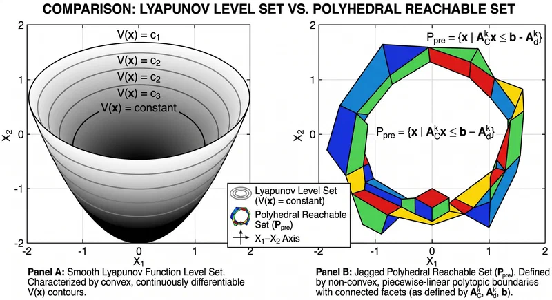 Safety enclosure comparison: conservative Lyapunov ellipsoid (left) vs. exact RPM polyhedral region (right)