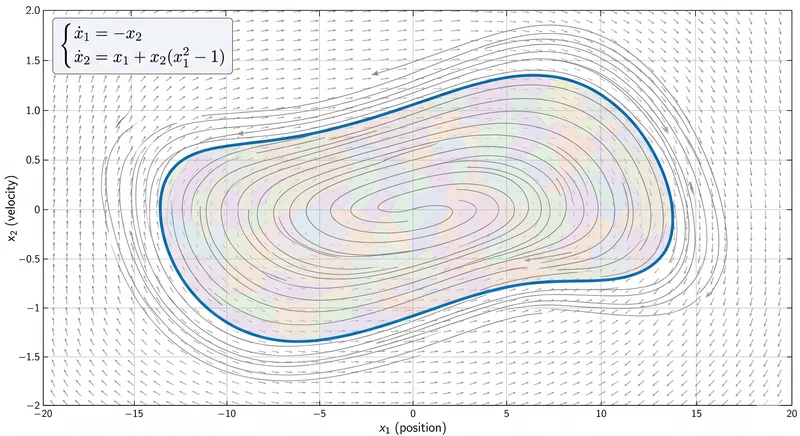 Phase-plane portrait of the van der Pol limit cycle, with RPM polyhedral mosaic filling the region of attraction